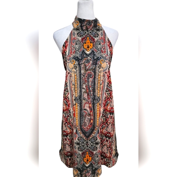 AMERICAN THREADS Paisley Print High Neck Halter Mini Dress.Black/red Multi.M NWT - Picture 1 of 14